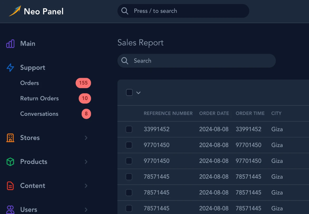 واجهة تقرير المبيعات في لوحة تحكم Neo Panel، تعرض جدولًا يتضمن أرقام الطلبات، تواريخ الطلبات، أوقات الطلبات، والمدن المرتبطة بها، مع قائمة جانبية تحتوي على أقسام الدعم، المتاجر، المنتجات، والمستخدمين.